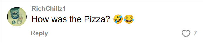 Comment on social media post with laughing emojis reacting humorously to pizza quality, related to steroids and bodybuilder incident.