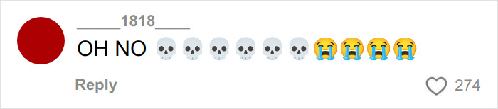 Comment with a red profile icon, text expressing shock using OH NO, skull, and crying emojis, with 274 likes.