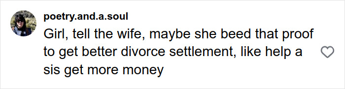 Comment on social media from user poetry.and.a.soul discussing a witty take on divorce settlements.