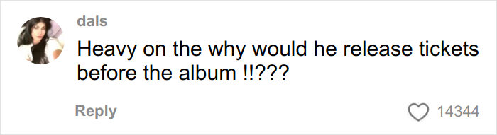 Comment from a social media user questioning the timing of Harry Styles new tour ticket release before the album drop.