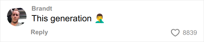 Comment by Brandt saying This generation with facepalm emoji, related to woman&rsquo;s gentle reminder for grandma not to kiss baby going viral.