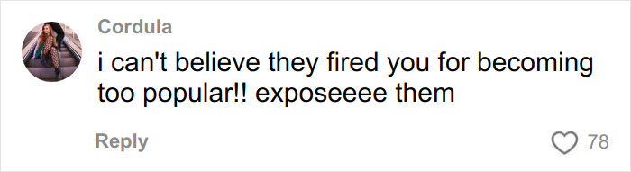 Social media comment expressing disbelief about viral Evil Queen getting fired from Disneyland over popularity.