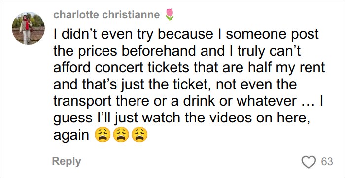 Comment expressing frustration over the high prices of Harry Styles new tour tickets being unaffordable for fans.