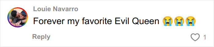 Comment from Louie Navarro expressing affection for his favorite Evil Queen with crying emojis on a social media post discussing viral Evil Queen fired from Disneyland.