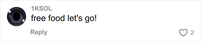 Comment saying free food let's go with a black and blue circular profile picture and two likes.