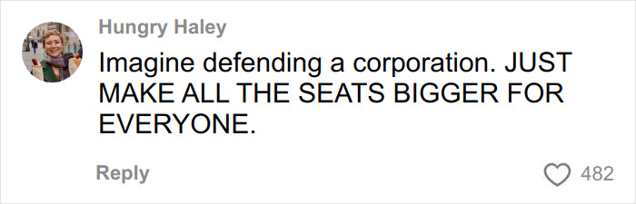 Comment by Hungry Haley criticizing new airline seating rules, calling for bigger seats for plus size passengers on Southwest.