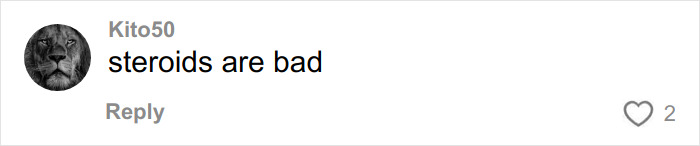 Comment reading steroids are bad, posted by user Kito50 with a lion profile picture on a social media platform.