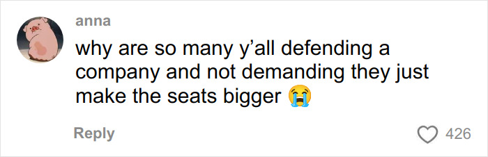 Comment on social media criticizing Southwest Airlines new seating rules and plus size passenger backlash.