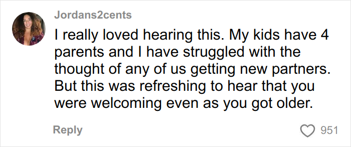 Comment from Jordans2cents sharing thoughts on having 4 parents and embracing new partners, reflecting on multiple parents.