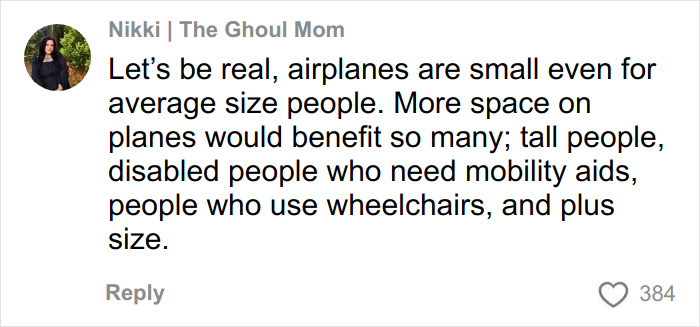 Comment from a user discussing the need for more airplane space benefiting plus size and disabled passengers amid new Southwest seating rules backlash.