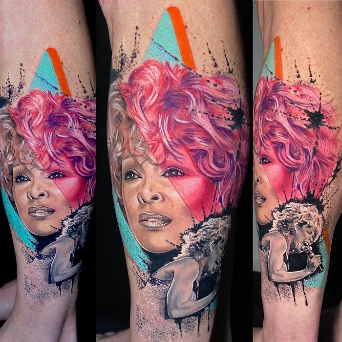 Vibrant tattoo combining a realistic portrait and abstract colors, showcasing cool designs that almost don’t feel real.