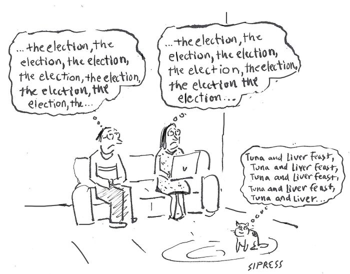 Two people and a cat thinking repeatedly about the election and a liver feast in a New Yorker cartoon by David Sipress.