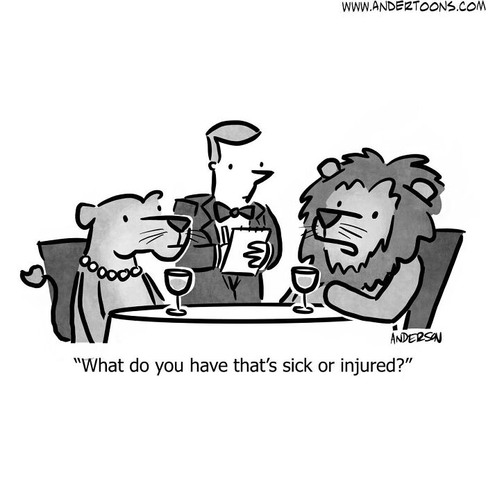 One-panel comic with a lion and another animal at a restaurant, showcasing clever humor and life’s ironies.