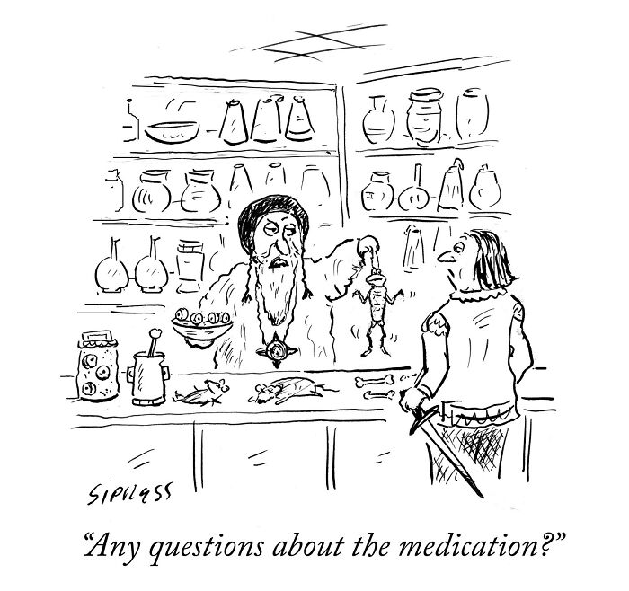 Black and white New Yorker cartoon by David Sipress showing a medieval apothecary with potions and a shaker on the counter.