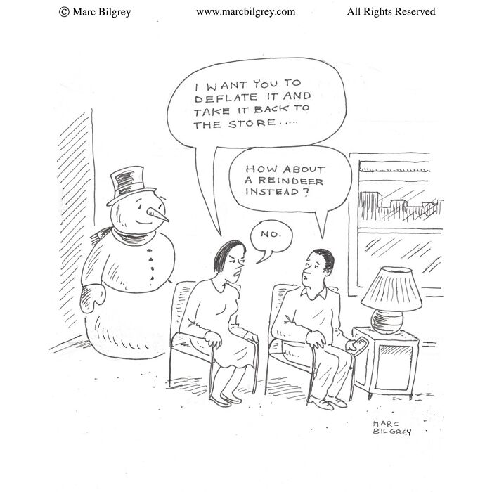 A Marc Bilgrey cartoon showing a couple discussing deflating a snowman with wit and irony in everyday life.