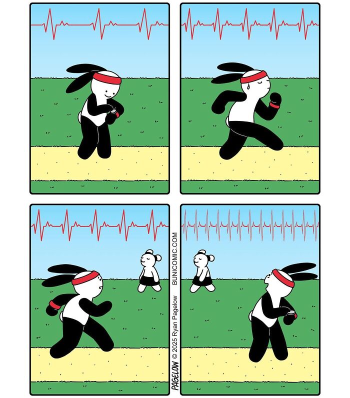 Cute comics by Buni showing a rabbit running, interacting, and checking heartbeat with increasing beats in each panel.