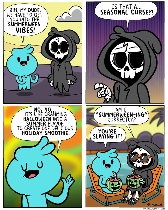 Heartwarming comic from Positively Ghostly showing two characters enjoying summerween vibes with Halloween-themed drinks.