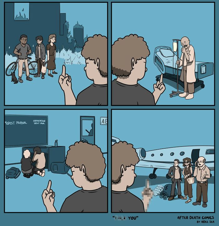 Comic panels showing a character giving the middle finger in various bizarre situations in a weird humor comic style.