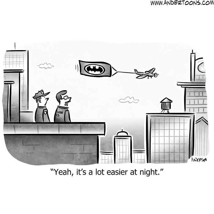 Cartoonist’s one-panel comic shows police officers watching a Bat-Signal flown by a small plane over city rooftops.