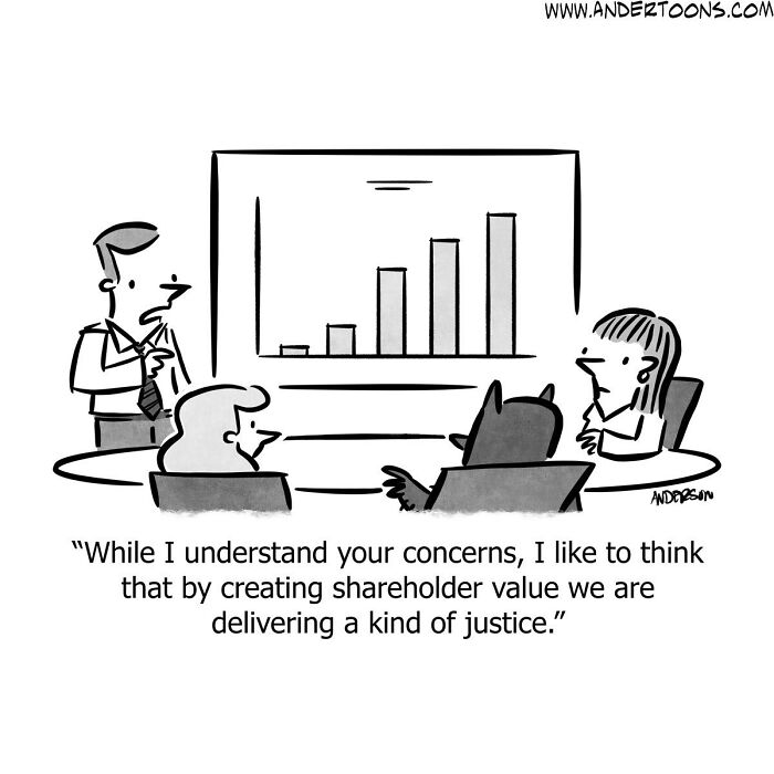 Business meeting cartoon with one-panel comic capturing life’s ironies using sharp and clever humor about shareholder value.