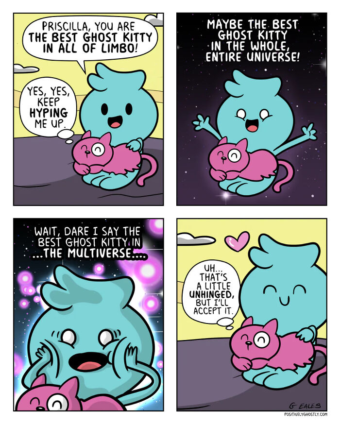 Comic panels featuring a ghost character praising a pink cat as the best ghost kitty in the multiverse, heartwarming and cute.