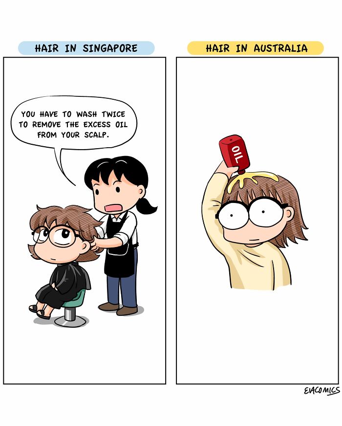 Comic depicting travel culture shock with hair care differences in Singapore and Australia in a relatable travel comic style.