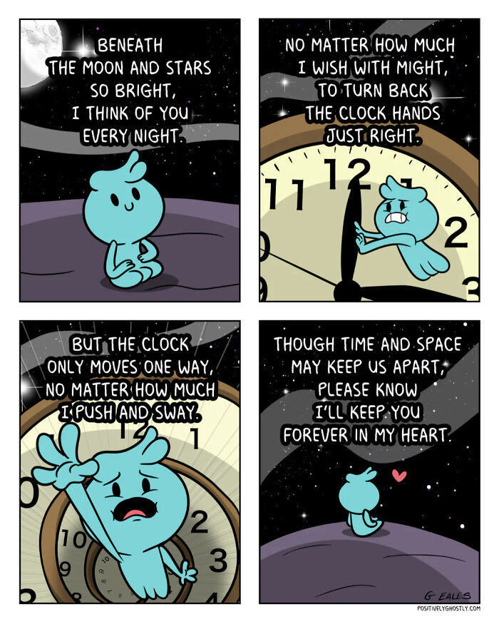 Heartwarming comics from Positively Ghostly show a small blue ghost expressing love and time passing under stars and clocks.