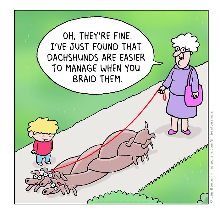 Cartoon imagining what dogs would say with braided dachshunds being walked by an elderly woman and a child.