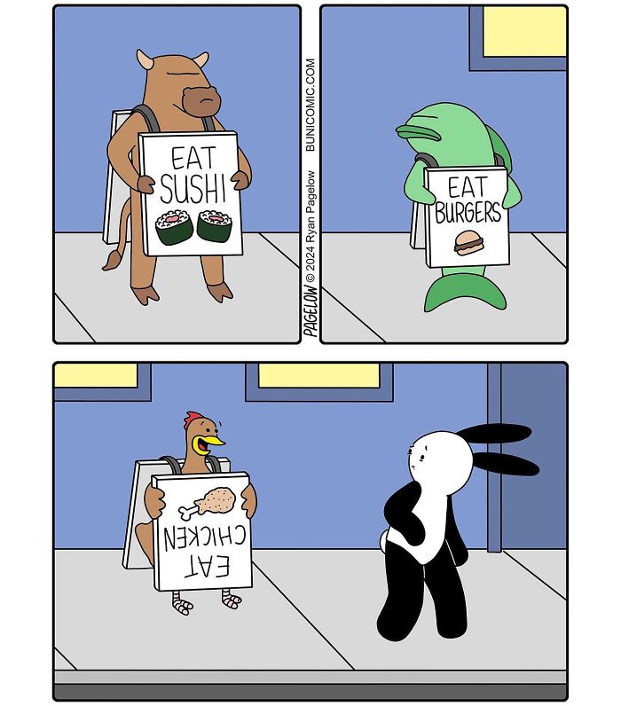 Cute comic showing animals with food signs in a quirky Buni-style illustration from the comics series.