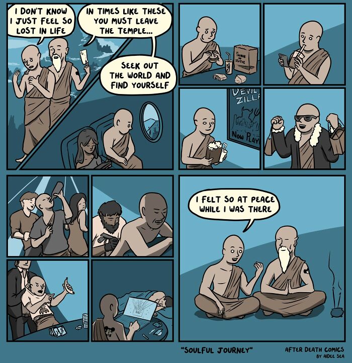 Comic panels showing a monk's funny journey from temple life to worldly experiences in a humorous comic by Aidee Sea.