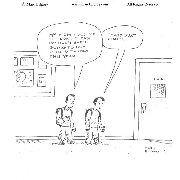 Marc Bilgrey cartoon showing two men discussing cleaning and a tofu turkey as a witty, ironic one-panel comic.