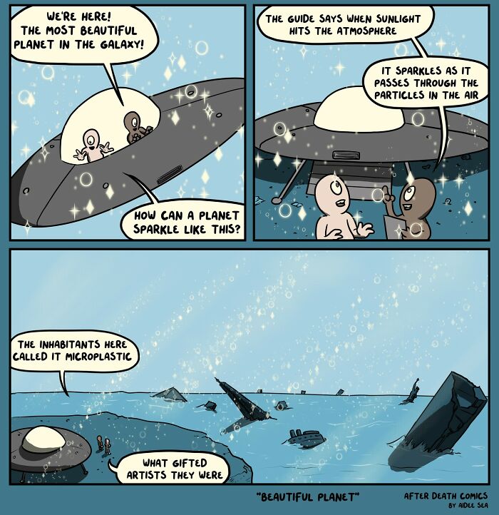 Comic panels showing aliens in a spaceship discovering a sparkling polluted planet called Microplastic, from new weird humor comics.