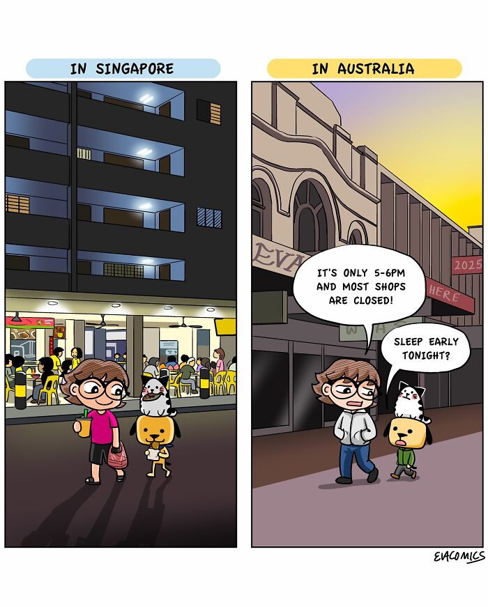 Comic panels showing travel culture shock with characters in Singapore dining late and in Australia where shops close early.