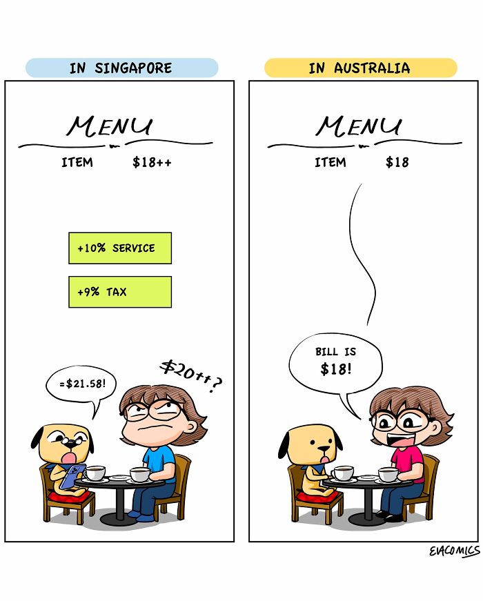 Comic illustrating travel culture shock comparing restaurant bills in Singapore and Australia with a humorous twist.
