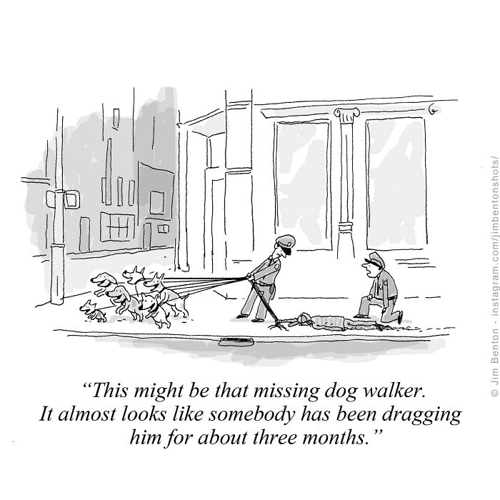 Cartoon showing dogs dragging a missing dog walker, humorously imagining what dogs would say if they could talk.
