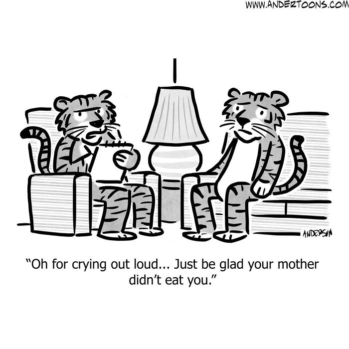 One-panel comic showing two cartoonist tigers illustrating life’s ironies with sharp and clever humor in a therapy session.
