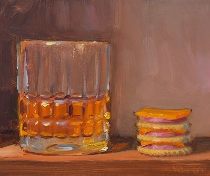 Glass of amber liquid and a stack of cheeseburger cookies painted in a classical art style modern-day fast food portrayal.