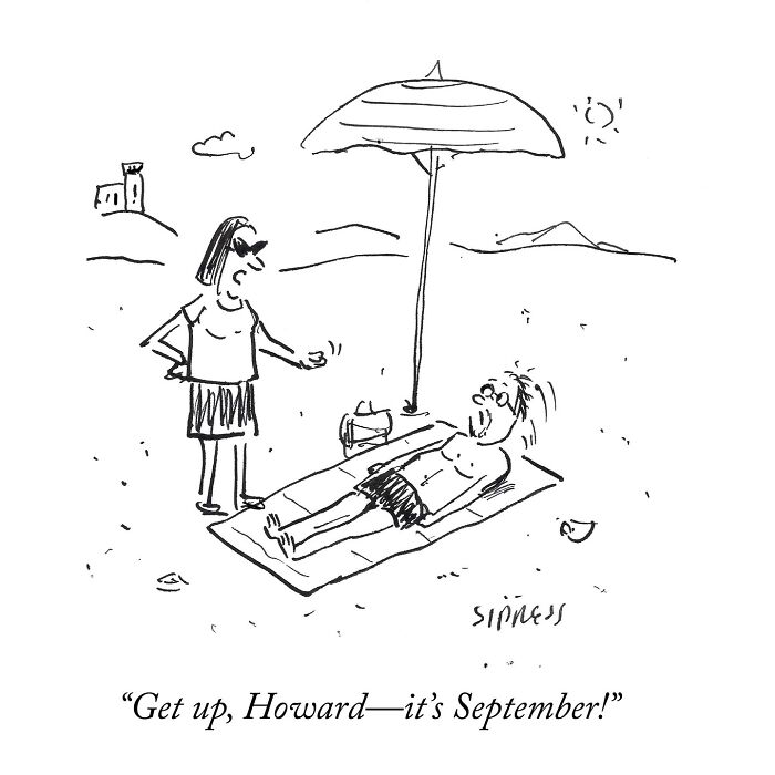 New Yorker cartoon by David Sipress showing a man sunbathing under an umbrella with a woman telling him to get up.