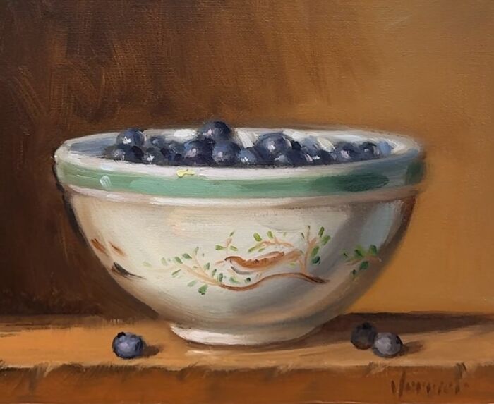 Classical art style painting of a bowl filled with blueberries, blending modern-day fast food with traditional techniques.