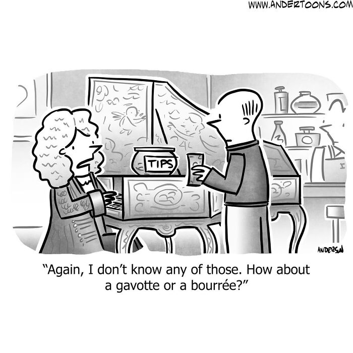 One-panel comic showing a pianist and a customer highlighting life’s ironies with sharp and clever humor.