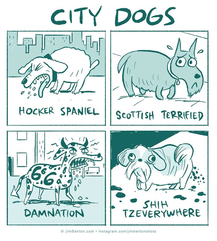 Cartoon illustration depicting humorous city dogs with playful, imagined dog expressions and names.