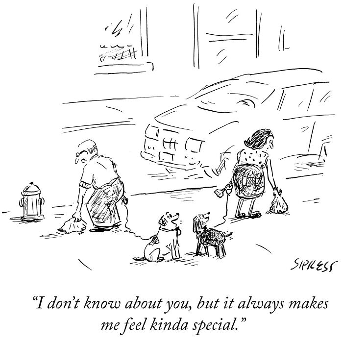 New Yorker cartoon by David Sipress showing two people picking up dog waste on a city sidewalk near a car.