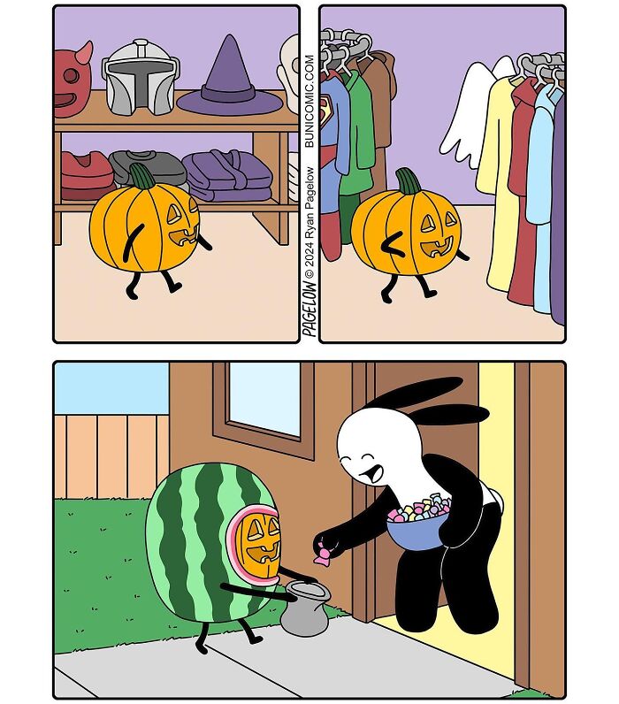 Cute comic panels by Buni show a pumpkin choosing a costume and trick-or-treating with a watermelon mask.