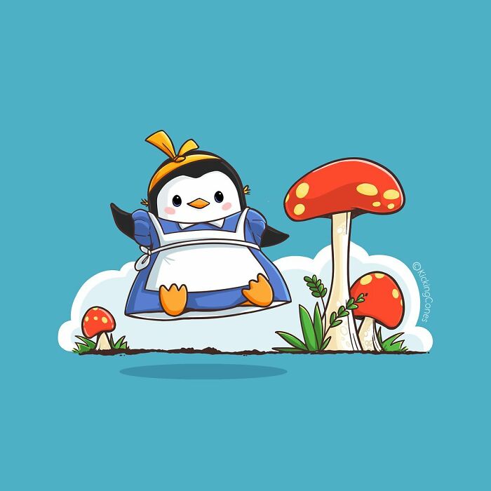 Cute humor illustration of a penguin character with wholesome wordplay and unexpected elements in a colorful scene.
