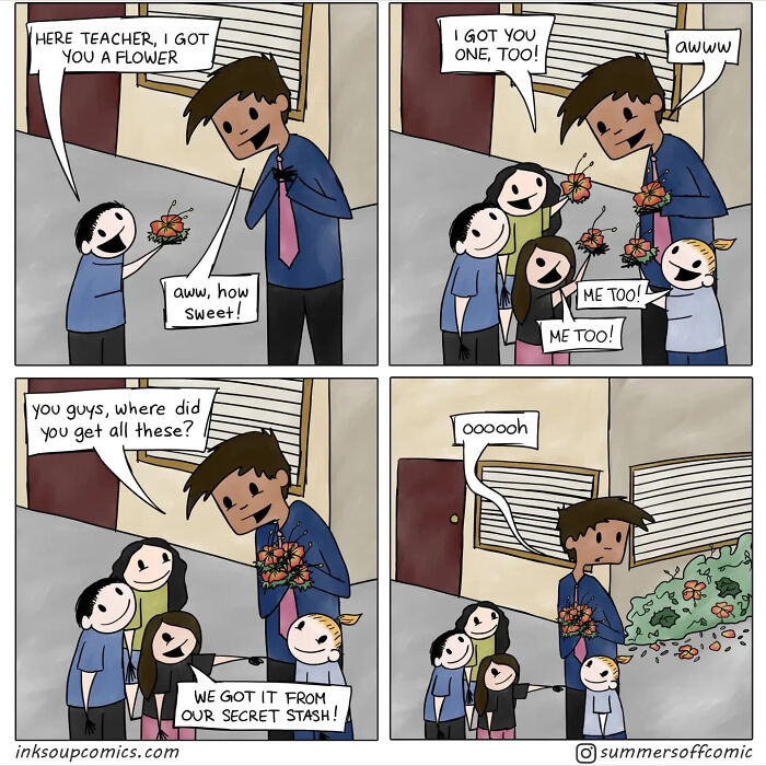 Teacher receiving flowers from kids in a comic strip capturing the workload, kids, and chaos of teaching moments