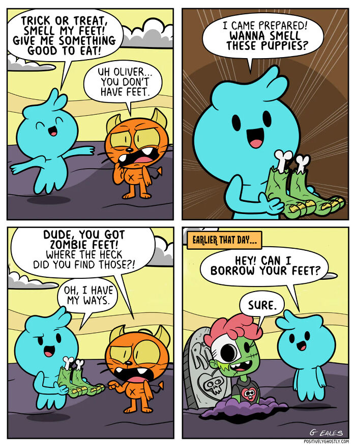 Four-panel heartwarming comic from Positively Ghostly featuring a ghost and a cat discussing zombie feet for Halloween.
