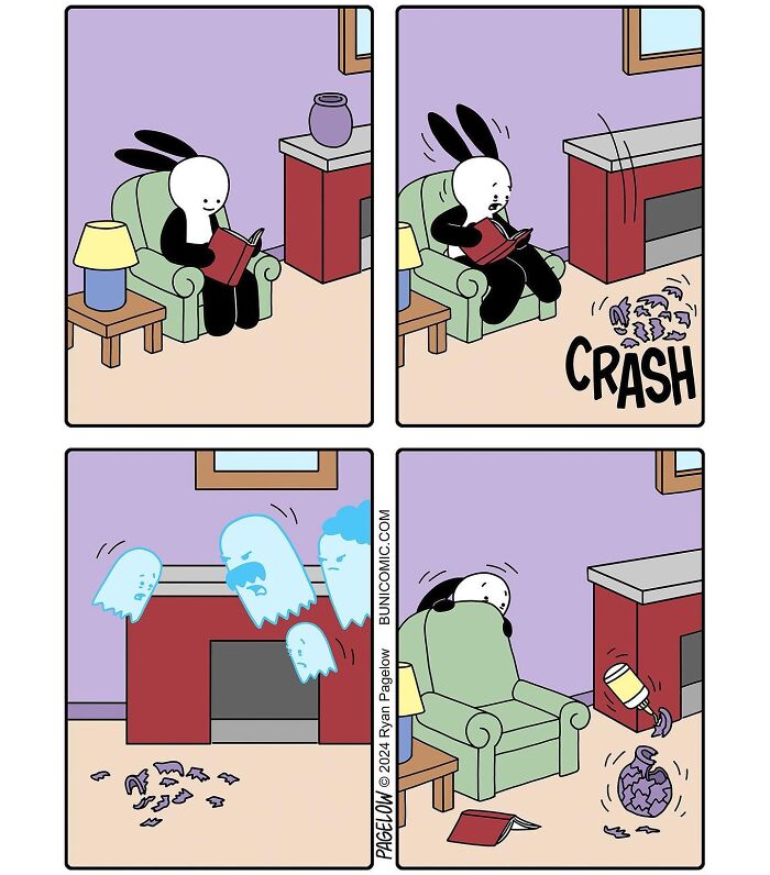 Cute comics by Buni show a black-and-white bunny causing a crash and ghostly figures appearing after a vase breaks.