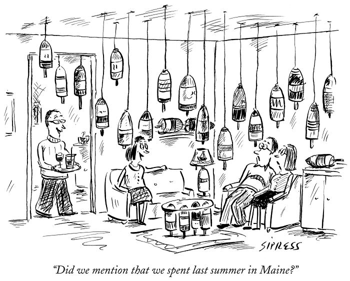Black and white New Yorker cartoon by David Sipress showing people in a living room decorated with hanging fishing buoys.