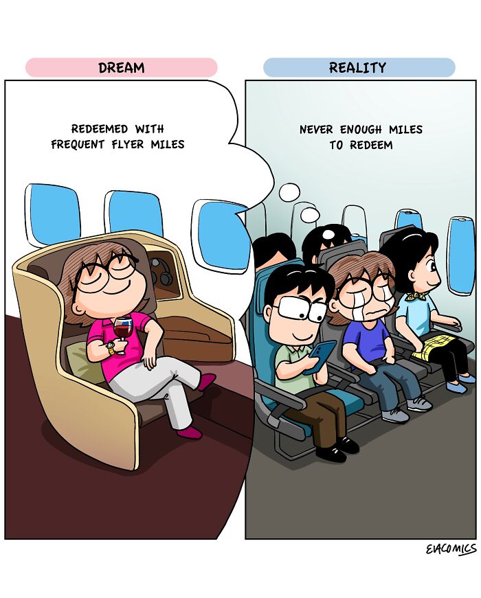 Comic illustrating travel culture shock with dream of redeeming frequent flyer miles versus reality of never enough miles to redeem.