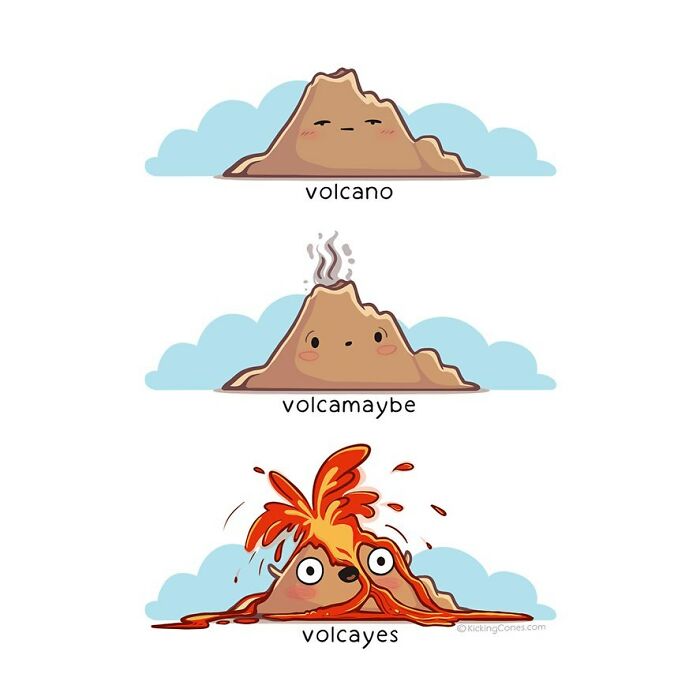 Cute humor illustration showing a volcano character with wholesome wordplay and unexpected expressions in three scenes.